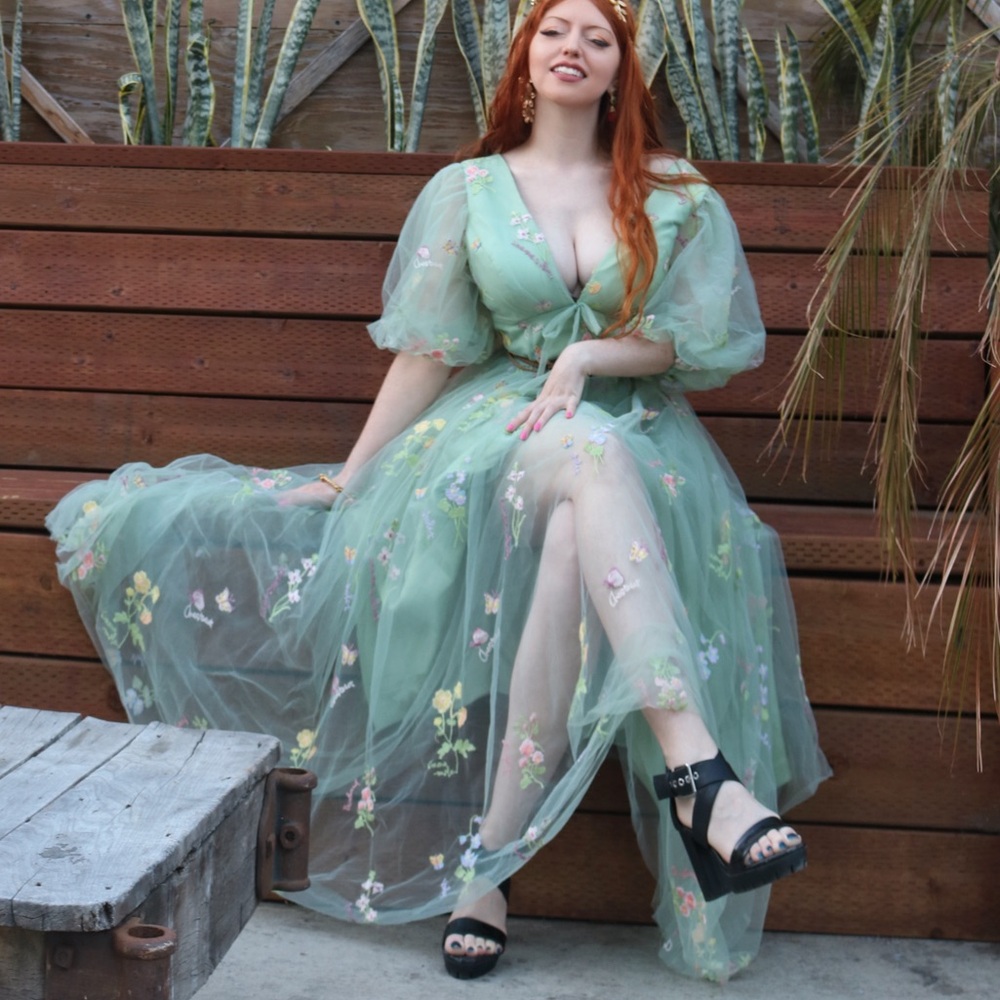 Green fairy garden embroidered tulle dress pastel princess